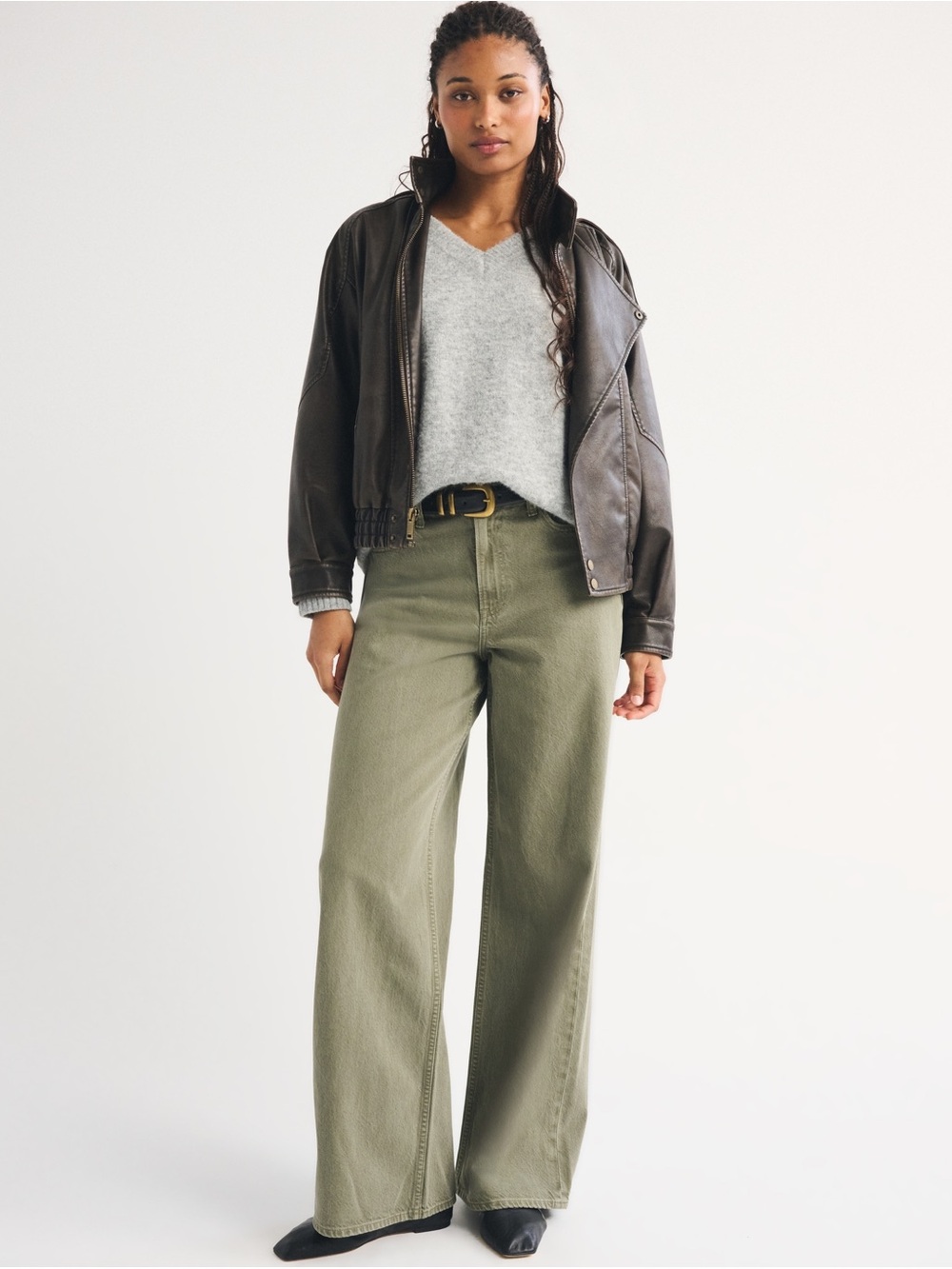 Abercrombie & Fitch Olive Green Wide Leg High-Rise Jeans - Picture 1 of 6